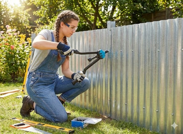 Personne entrain de riveter une palissade en métal dans un jardin