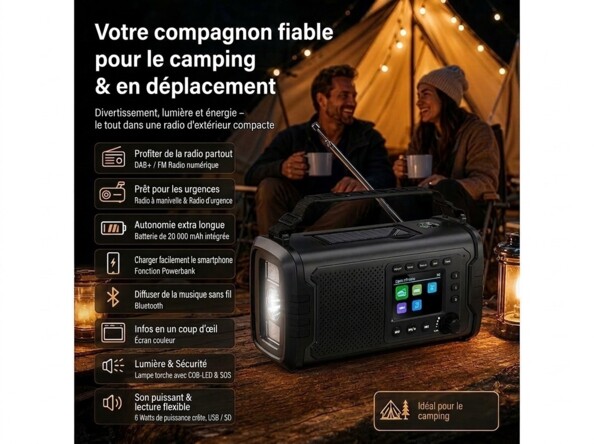 Radio de secours SOL-1555 avec dynamo, batterie externe 20000 mAh et lampe LED