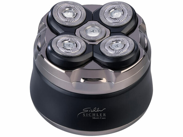 Rasoir électrique rechargeable pour crâne vu du dessous avec les têtes flexibles