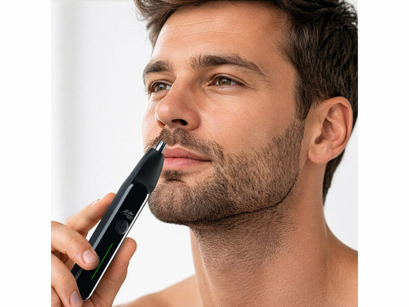 Homme tondant ses poils de nez avec une tondeuse de précision noire Braun