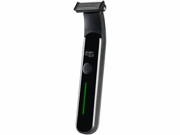 Tondeuse électrique Gillette Intimate noire avec bouton central et voyant vert sur fond blanc