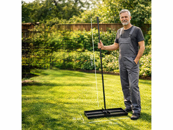 Rateau de nivellement pour pelouse vu avec jardinier sur une pelouse