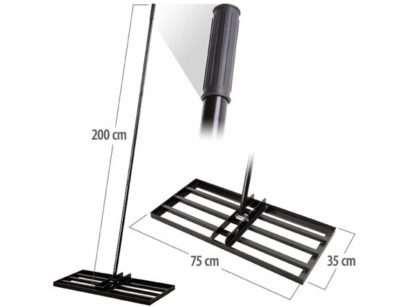 Rateau de nivellement pour pelouse multivue avec zoom et dimensions