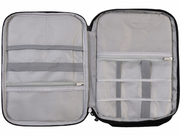 Sac de rangement pour appareils électroniques vue ouverte de dessus avec filet et fermetures zipp