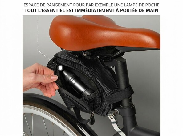 Sacoche de selle réfléchissante 1 L mise ne situation sur un vélo, poche latérale ouverte avec pompe