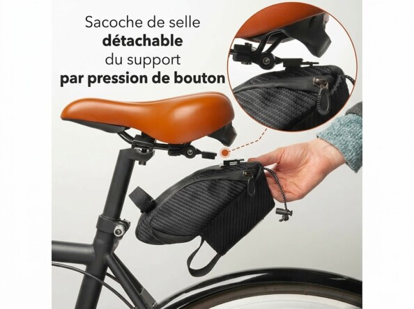 Sacoche de selle 1 L pour vélo mise en situation montrant qu'on peut la décrocher