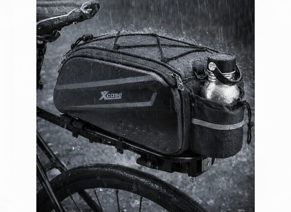 Bagage vélo pour porte-bagages et sac bandoulière 10 L en situation sur un vélo sous la pluie