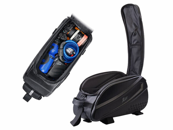 Sacoche porte-bagages et sac bandoulière 10 L pour vélo vue du compartiment principal rempli d'accessoires