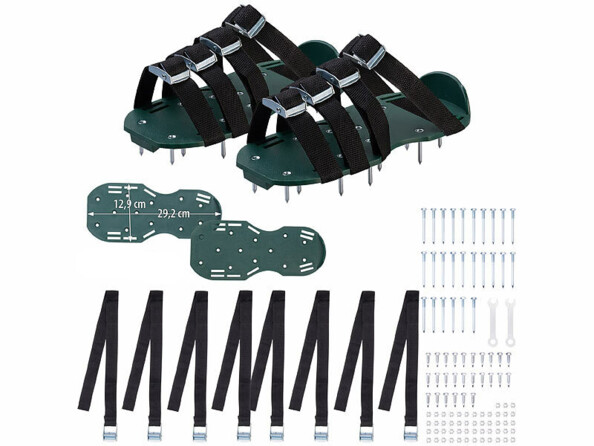 Semelles à clous aérateur pour gazon sous différents angles et vue éclatée