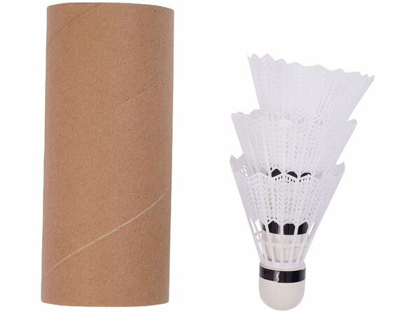 3 volants de baminton et tu be de transport vus de face