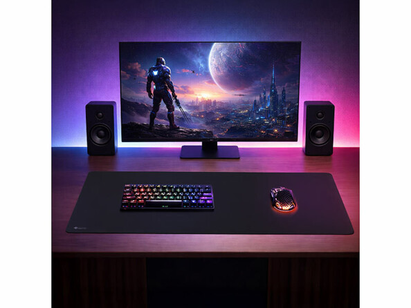 Tapis de bureau et de souris gaming 90 x 40 cm mis en situation sur un bureau avec clavier, souris RVB, écran et enceintes