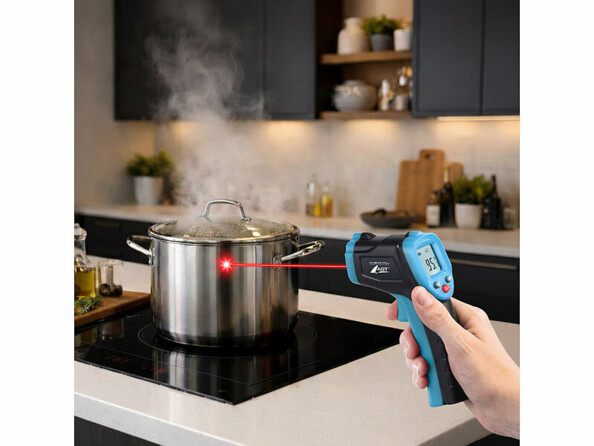 mise en situation dans une cuisine du Thermomètre infrarouge sans contact visant une casserole