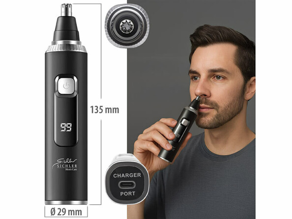 Dimensions de la tondeuse nez Sichler Beauty – longueur 135 mm, diamètre 29 mm