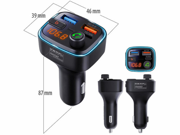 Transmetteur FM allume-cigare avec bluetooth 5.4 et mains libres sous différents angles avec dimensions en mm