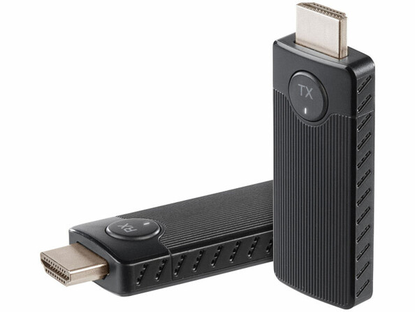 Deux dongles HDMI sans fil compacts TX et RX avec connecteurs argentés et LED