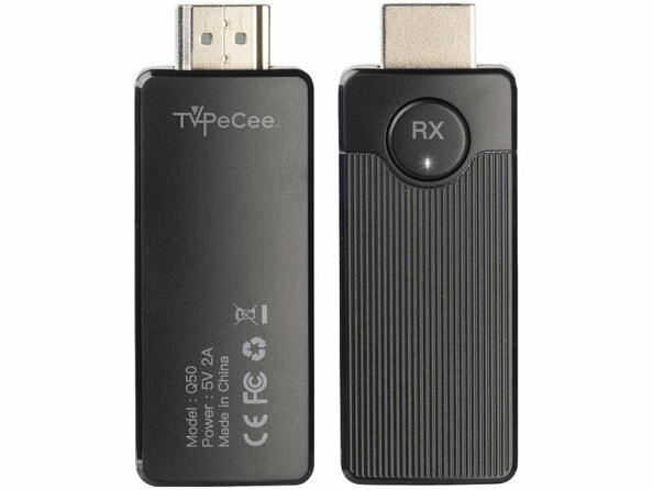 Deux dongles sans fil TVPeCee Q50 avec marquage TX et RX et connecteurs HDMI