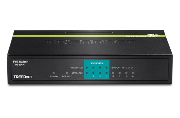 Hub switch 8 ports TPE-S44 v4.0R noir avec bande verte pomme sur le dessus, logo TrendNet gravé sur le dessus et inscrit sur la face avant, avec voyants LED sur le devant pour informer sur l'état des ports
