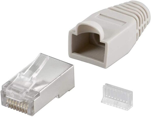 Fiche RJ45 blindée Pearl avec manchon de protection et guide-fils pour câble réseau