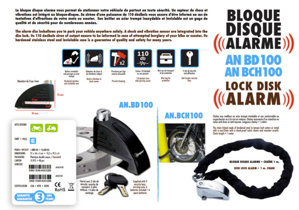 Bloque disque avec alarme 110 dB pour moto