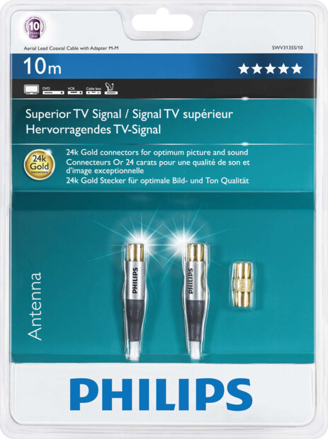 cable coaxial antenne avec adaptateur et fiches dorés philips swv3135s
