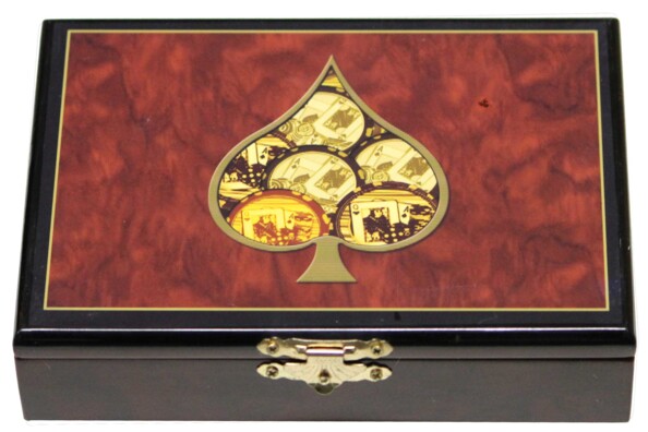coffret de jeu en bois laqué avec peinture et 2 jeux de 52 cartes à jouer pour poker belote 421 black jack motif marqueterie pique et jetons