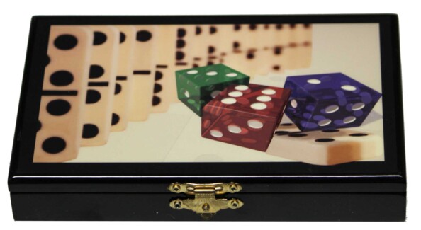 boite en bois style marqueterie avec jeu de dominos motif dominos et dés de couleur