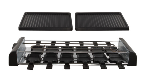 Vue éclatée du grill et raclette avec plaques amovibles pour nettoyage facile