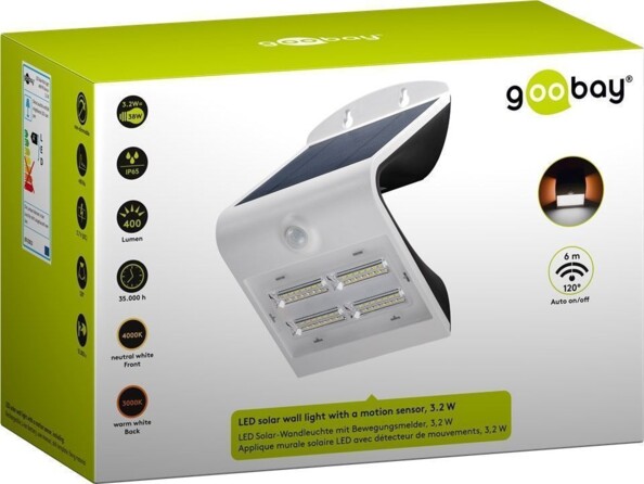 Applique murale solaire LED 3,2 W Goobay blanche, emballage avec spécifications 400 lm, IP65 et détecteur 120°