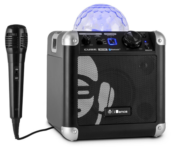 mini enceinte pour karaoké et guitare avec double entree micro et dome lumineux effets disco idance party cube bc10 noir