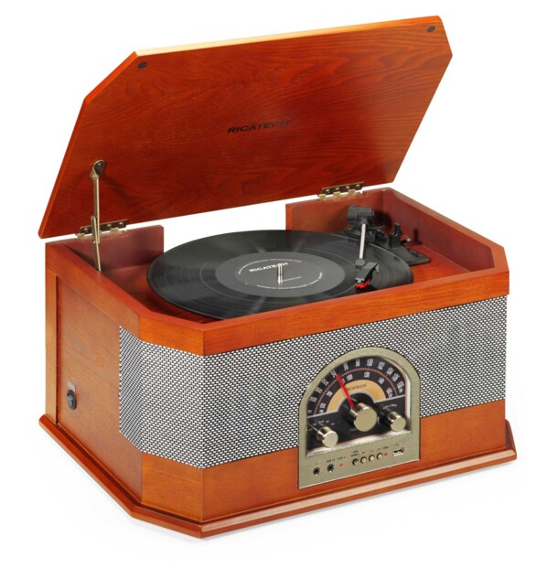 platine vinyle 33 45 78 tours ricatch rmc82 style retro vintage bois laqué avec radio fm haut parleurs et lecteur USB