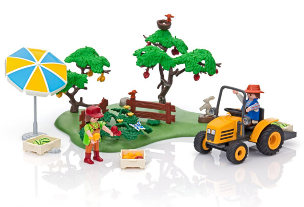 pack de jouets playmobil country 6870 avec 2 figurines agriculteurs arbres fruitiers maraichers tracteur
