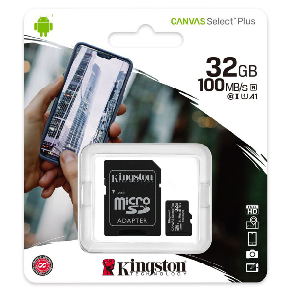 Packaging de la carte microSDHC Kingston Canvas Select Plus 32 Go.
