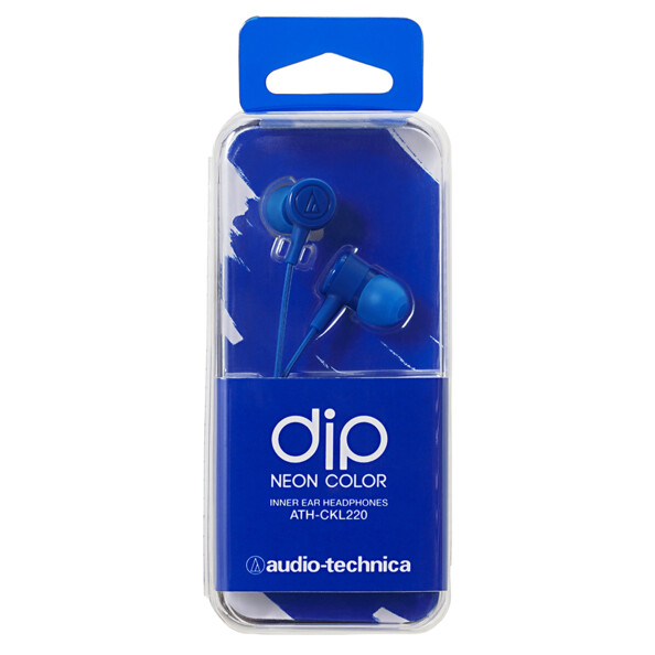 Écouteurs intra-auriculaires ATH-CKL220 bleus emballés.