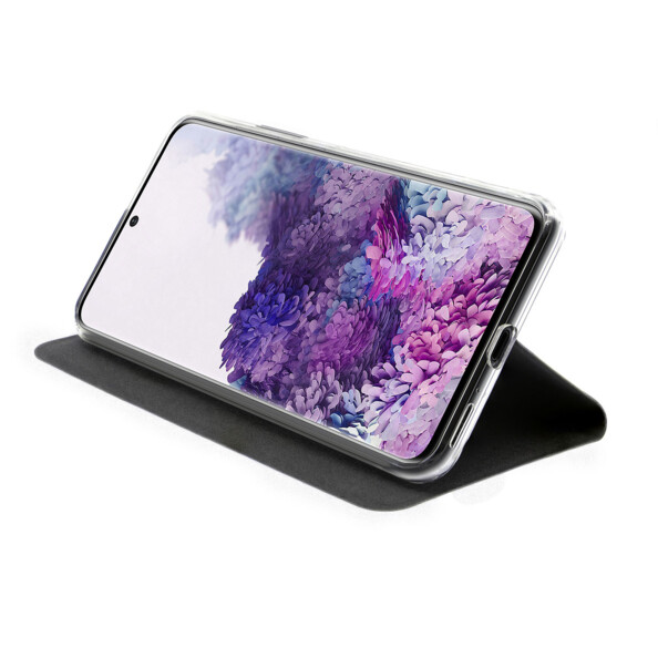 Étui folio Akashi noir pour Galaxy S20+ en position stand.
