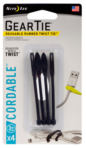 4 attache-câbles GearTie Twist 8 cm - Noir