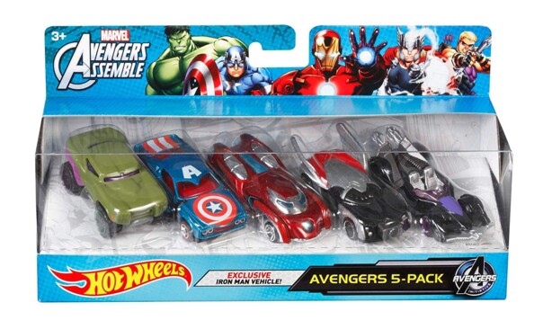 pack de 5 voiturettes hot wheels inspirées marvel avengers iron man hulk captain america thor hawkeye