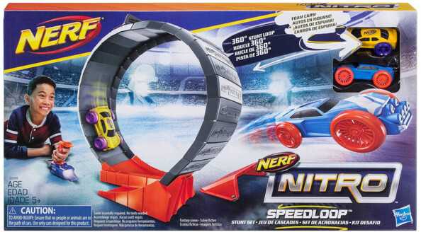 Pack Nerf Nitro Speedloop avec looping à assembler, lanceur et deux voitures miniatures dans son emballage cartonné