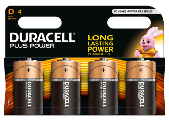 4 piles LR20 type D Duracell. Longue autonomie : Duracell Plus