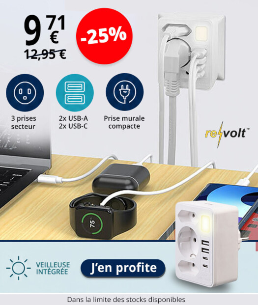 Multiprise murale avec 4 ports de charge USB-A / USB-C et veilleuse