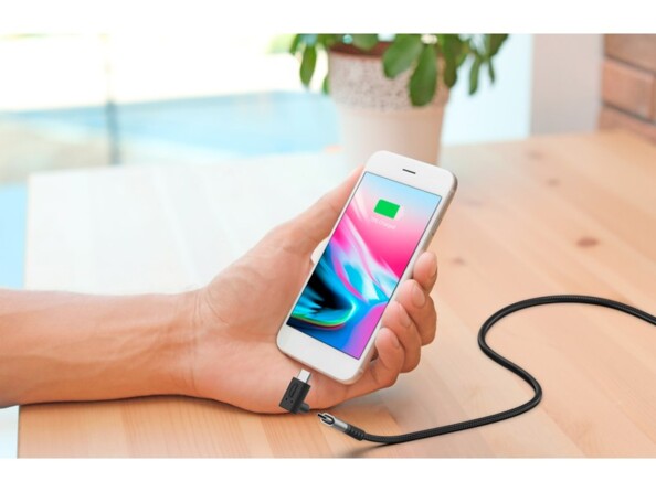 Utilisation du connecteur USB-C coudé vers la droite pour recharger un smartphone par câble USB-C dans la main d'une personne posée sur un bureau sur lequel se trouve une plante verte en pot