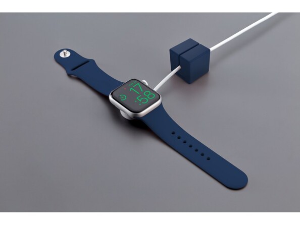 Chargement en cours d'une montre connectée par câble d'alimentation blanc maintenu droit dans un passe-câble carré coloris bleu