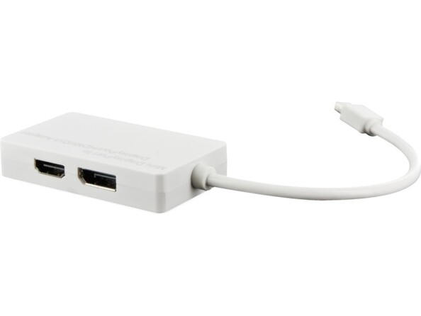 Boîtier convertisseur coloris blanc MacWay avec port DisplayPort, port DVI-D Dual Link et câble 15 cm avec fiche Mini DisplayPort