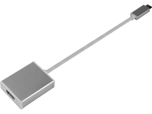 Vue du dessus du câble adaptateur LMP coloris gris argent avec fiche mâle USB-C vers port HDMI