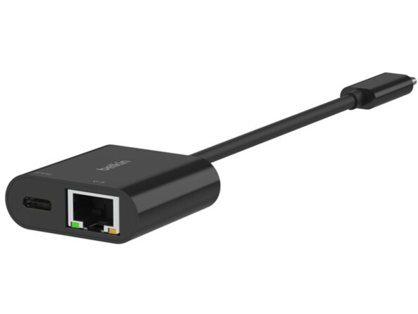 Côté gauche de l'adaptateur et chargeur USB-C vers Gigabit Ethernet coloris noir avec port RJ45 et port USB-C