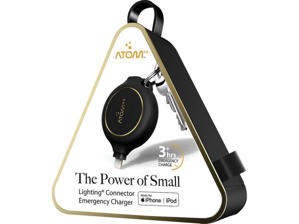 Mini batterie de secours E-Charger KL1300 dans son emballage triangulaire avec câble de chargement Micro-USB vers USB-A et mode d’emploi en français