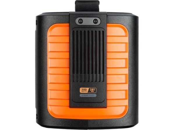 Côté droit de la batterie nomade et générateur solaire rechargeable coloris orange et noir avec grille d'aération