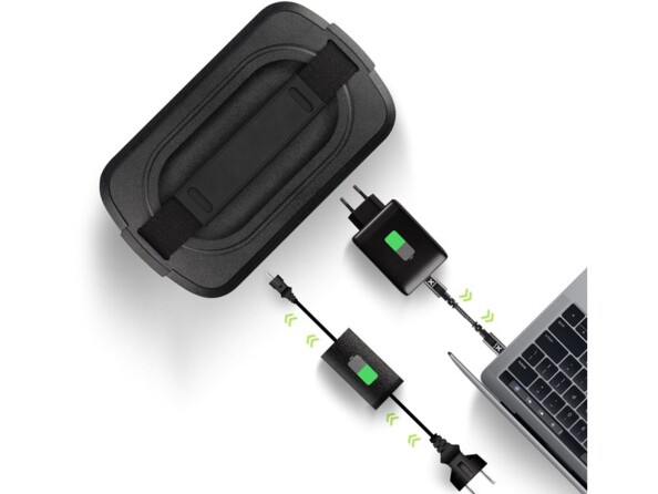 Schématisation fléchée du branchement de la station électrique et générateur solaire Xtorm avec un ordinateur portable