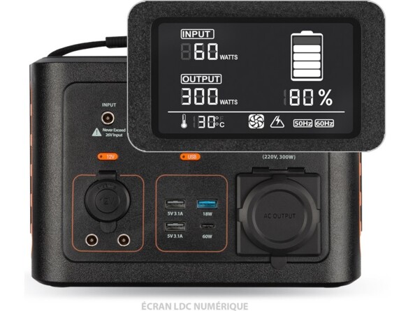 Zoom sur l'écran LED indiquant le niveau de charge de l'accumulateur avec différentes données électriques