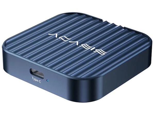 Mini boîtier carré ondulé coloris bleu avec logo Acasis blanc, port USB-C et bords arrondis