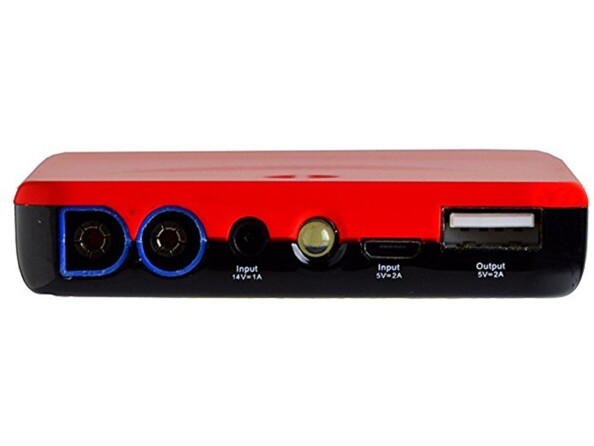 Vue du dessus du boîtier de la batterie externe 2 en 1 avec prise XT60, prise DC, lampe LED, port Micro-USB et port USB-A